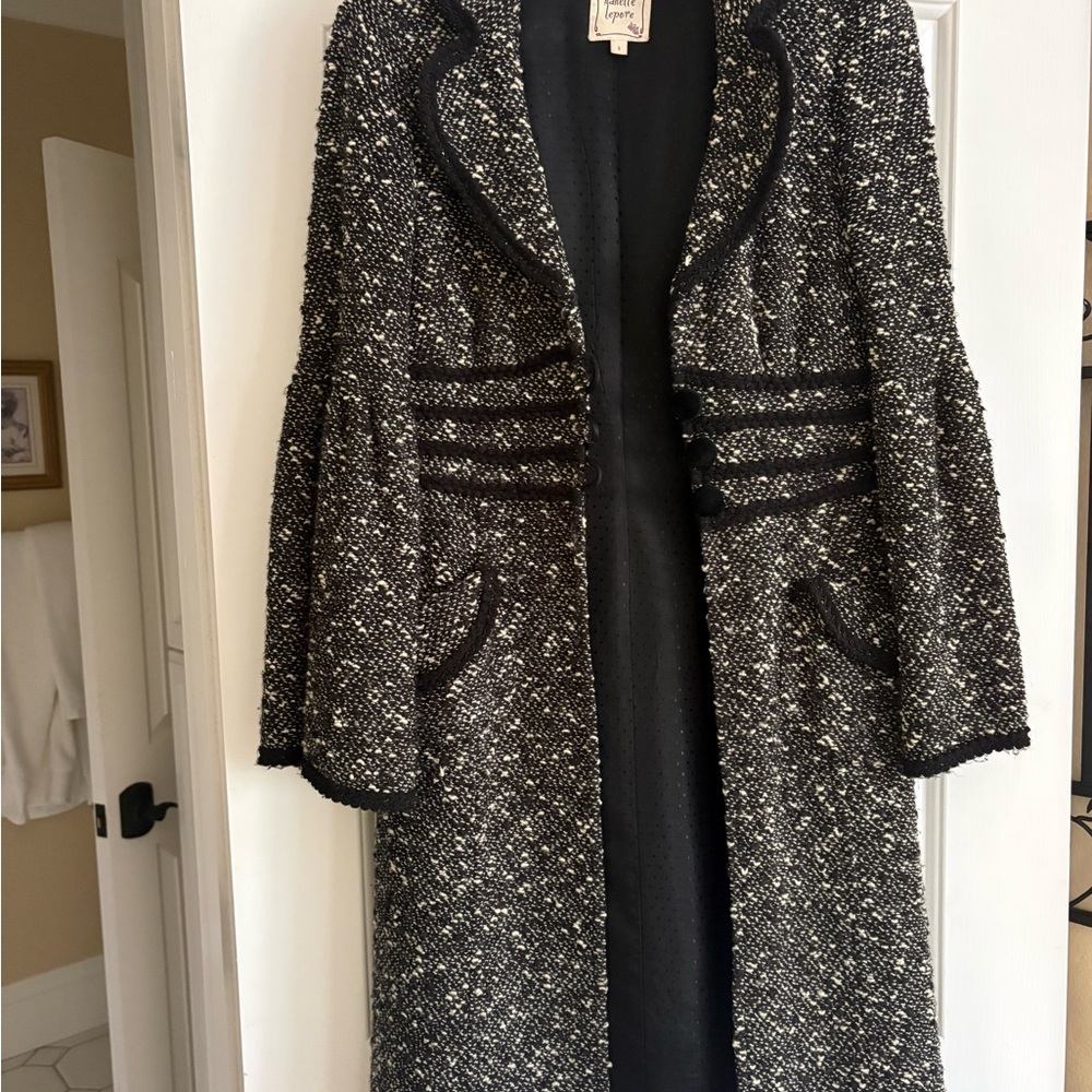 Nanette Lepore Black & White Tweed Trench Coat, Three quarter length